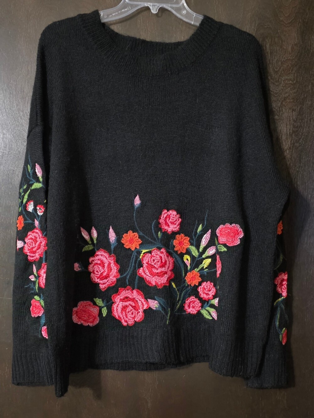 Umgee Black Knit Sweater Pink Rose Embroidery Oversized Women's Size L
